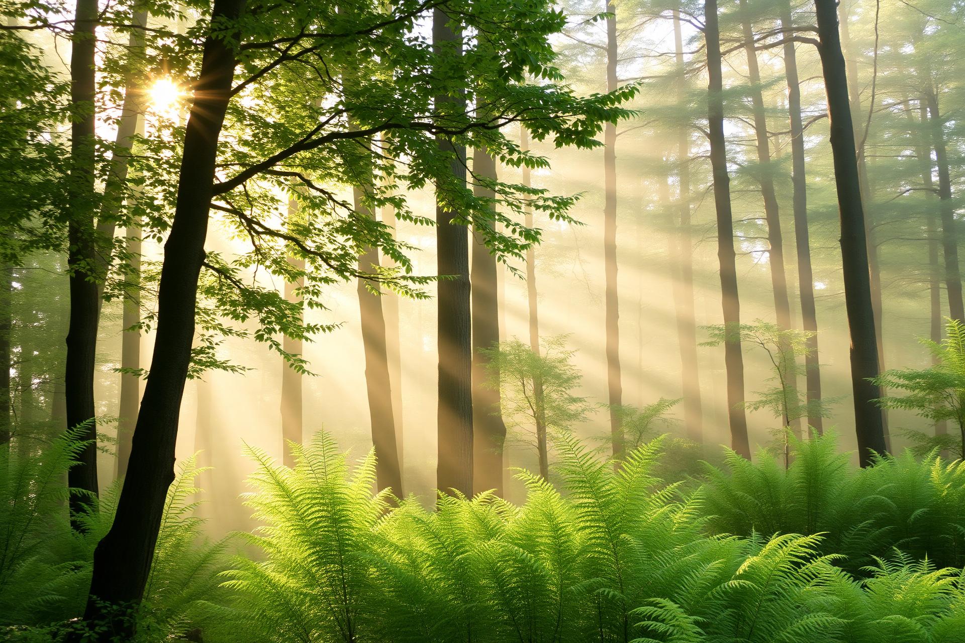 Sunlight filtering through a peaceful forest